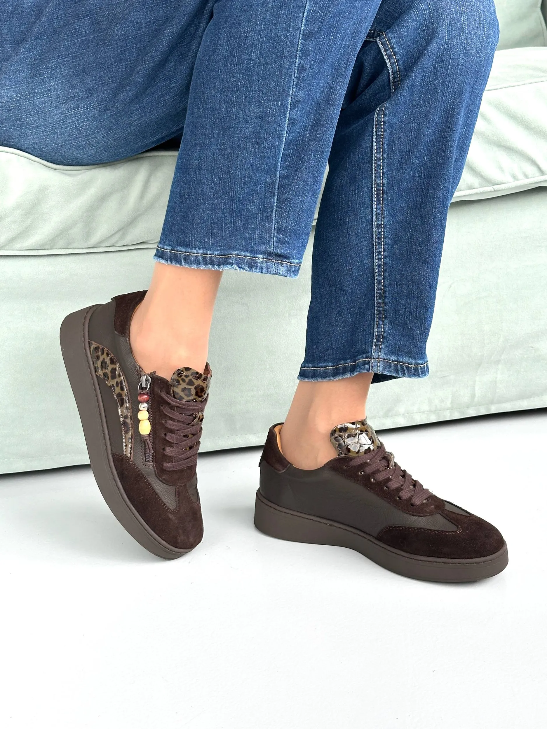 Кроссовки кожаные NilaNila D26KA-365 BROWN/LEOPARD